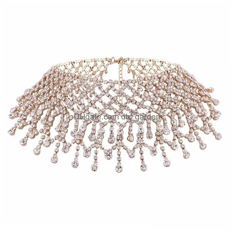 choker women multilayers tassel crystal rhinestone necklace water drop pendant adjustable wide collar wedding jewelry