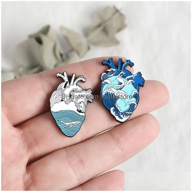 blue ocean heart pins jewelry roaring wave whale enamel lapel pin brooches creative sea organ denim shirt bag badge broadminded