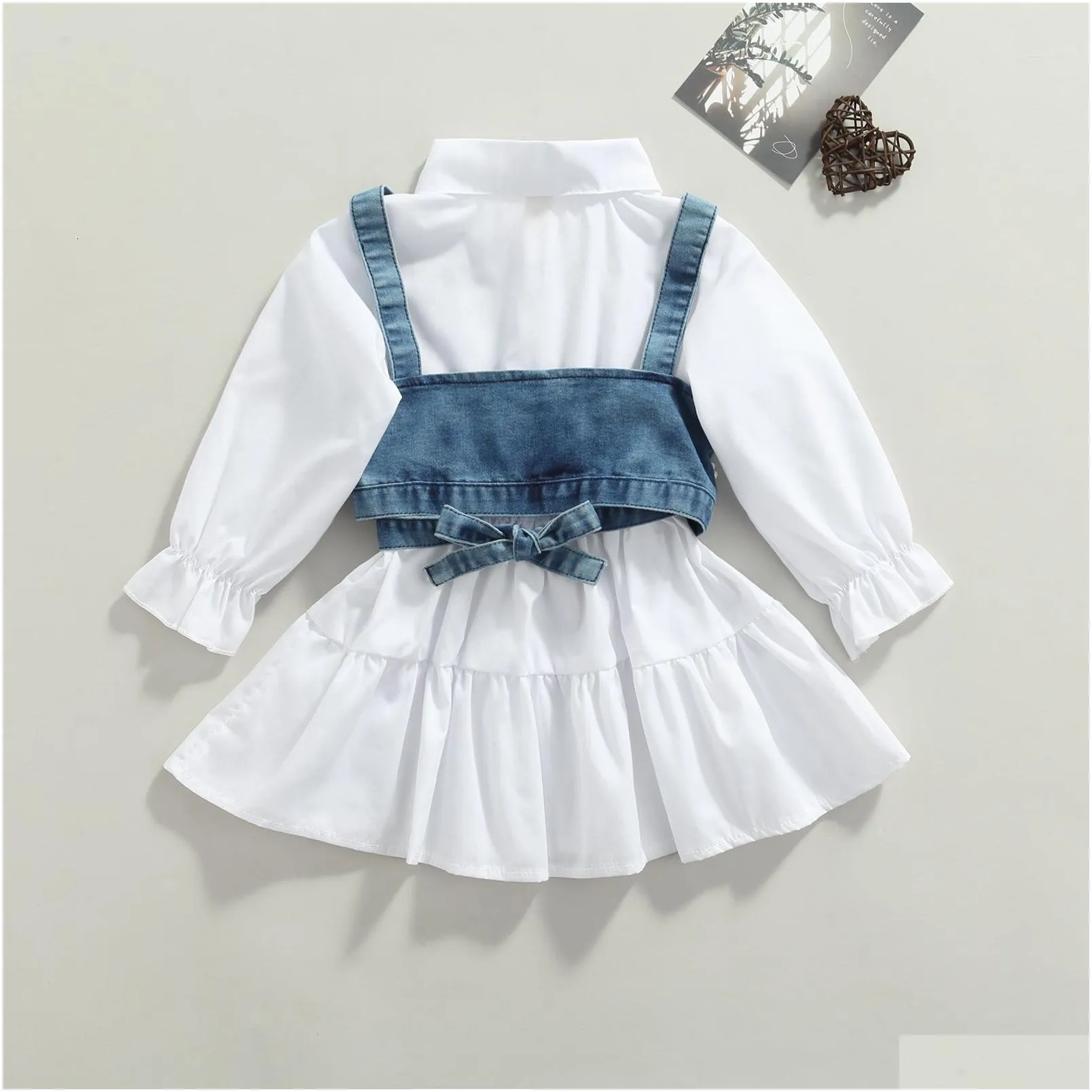 clothing sets fashion children baby girl clothes solid color long sleeve shirt dress denim beading vest 2pcs outfits 230523