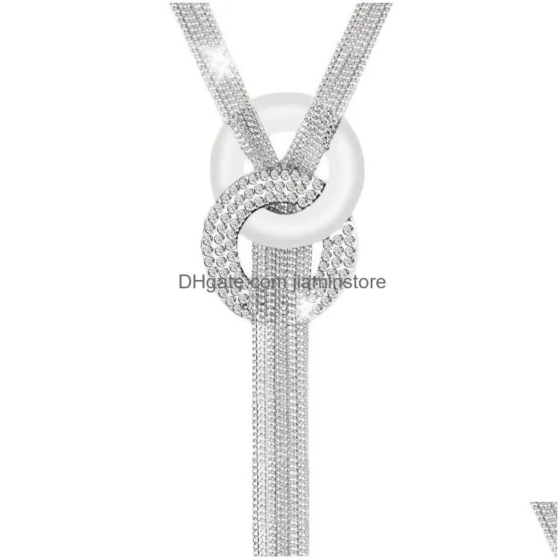 fashion women gold silver choker chunky crystal statement bib tassel chain sweater necklace pendant jewelry 68cm