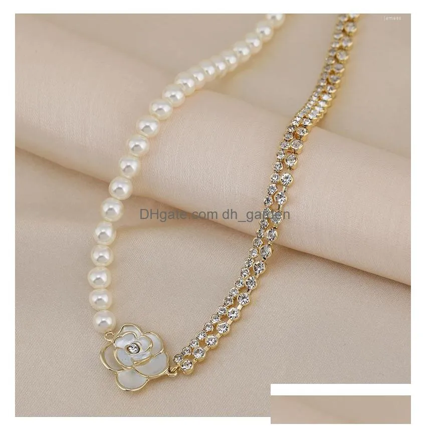 choker fashion double rhinestone pearl stitching ladies necklace camellia clavicle chain womens flower neck strap