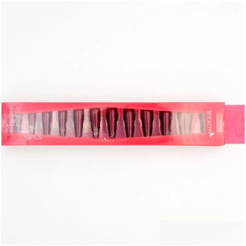 12pcs/box solid color long false nails matte full cover pointed head fake nails manicure detachable artificial nail