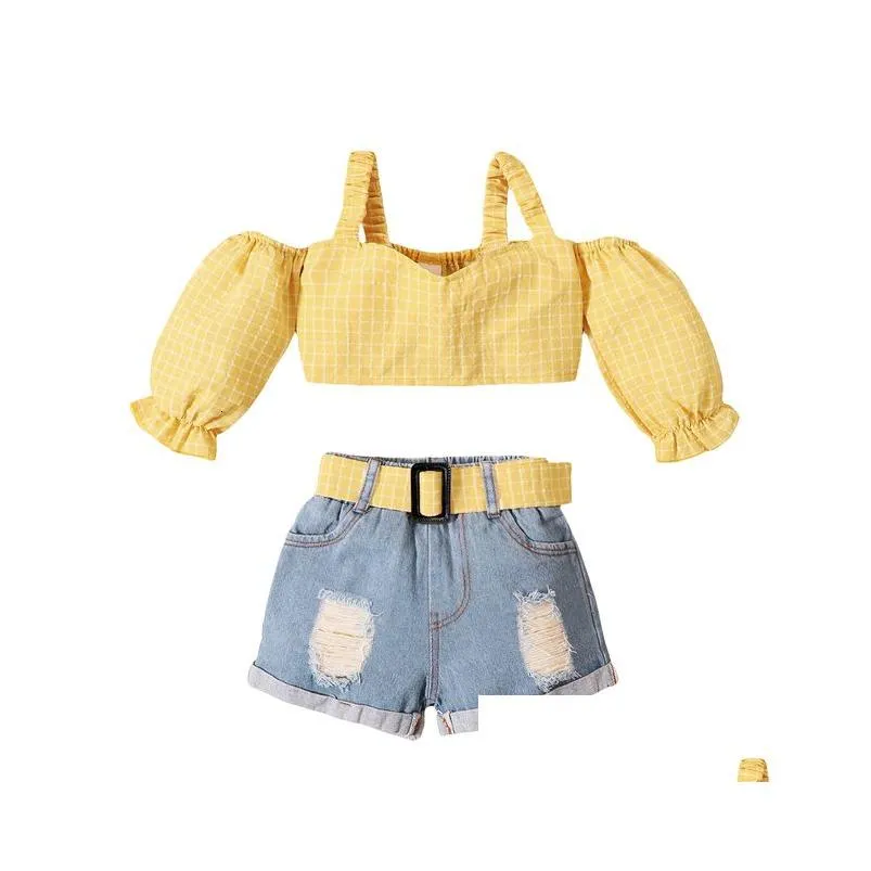 clothing sets 1 5 years fashion children girls clothes summer off shoulder plaid strap crop tops belt denim ripped hole shorts outfits