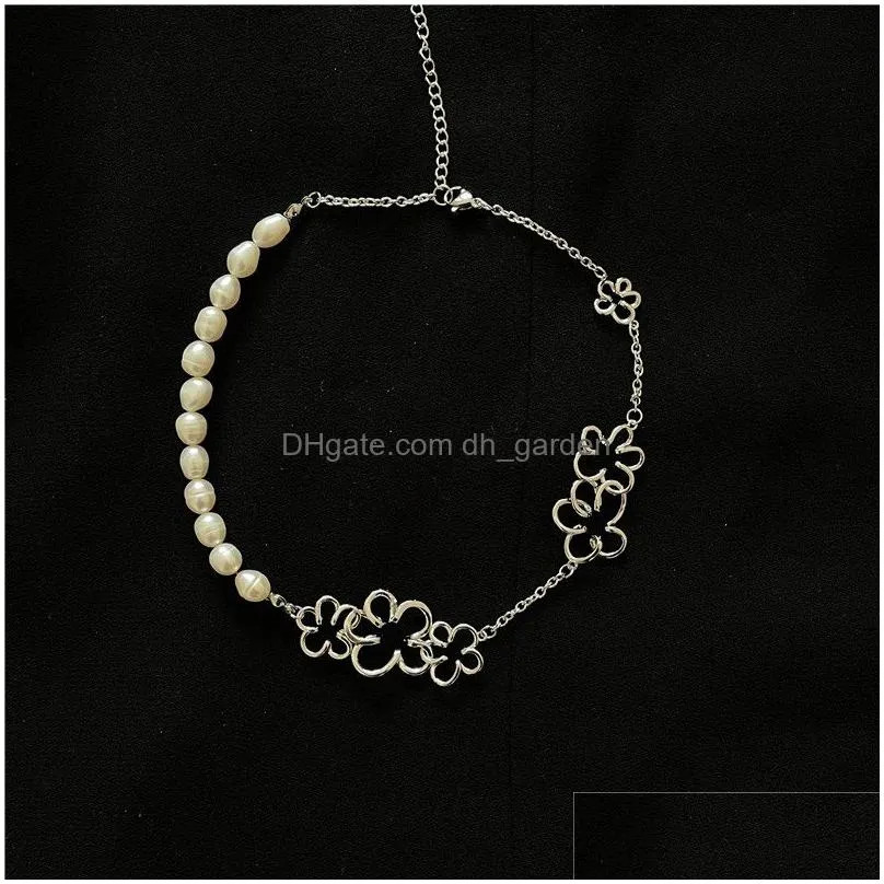 choker fashion women flower charm pearl necklace french luxury clavicle chainwork rhinestone goth jewelry sweater