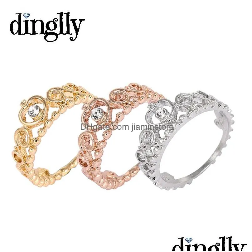 dinglly classic 3 color gold color silver color rose gold princess crown ring jewellery for women
