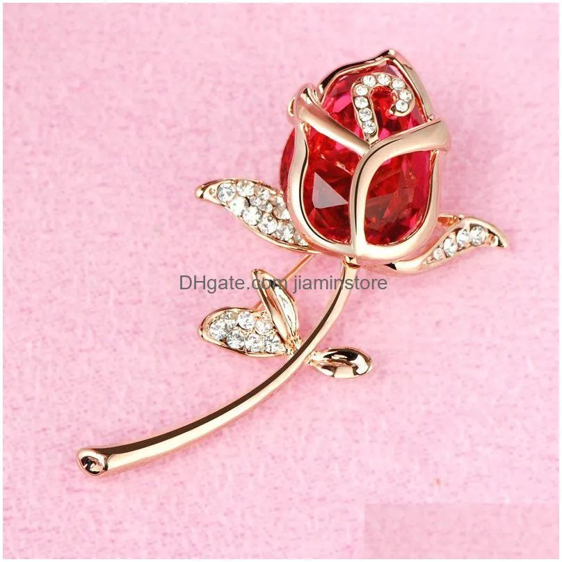 wholesale fashion crystal rose flower brooch pin rhinestone alloy rose gold brooches birthday gift garment accessories 367826