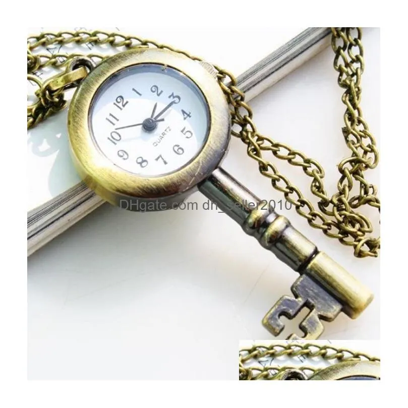 Pocket Watches Wholesale Bronze Lovely Vintage Key Design Quartz Women Necklace Gift Watch Drop Delivery Dhgud
