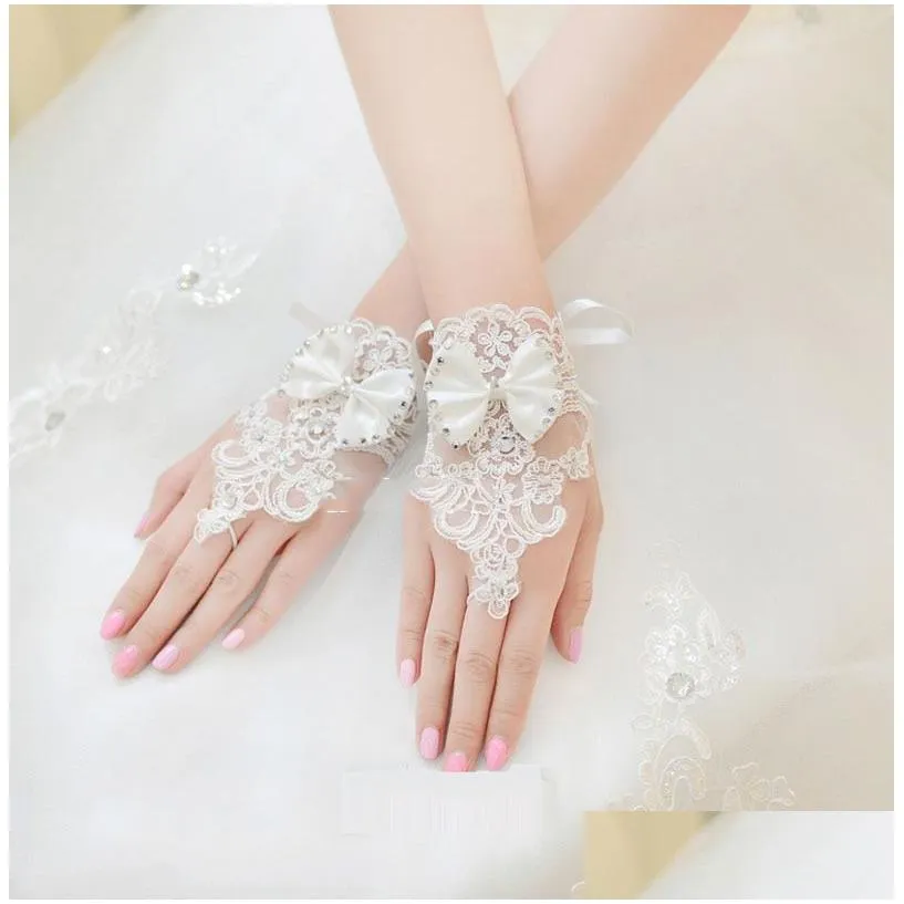 st0029a wedding glove etiquette white short glove bow knot with diamond lace open finger fingerless beautiful wedding dress