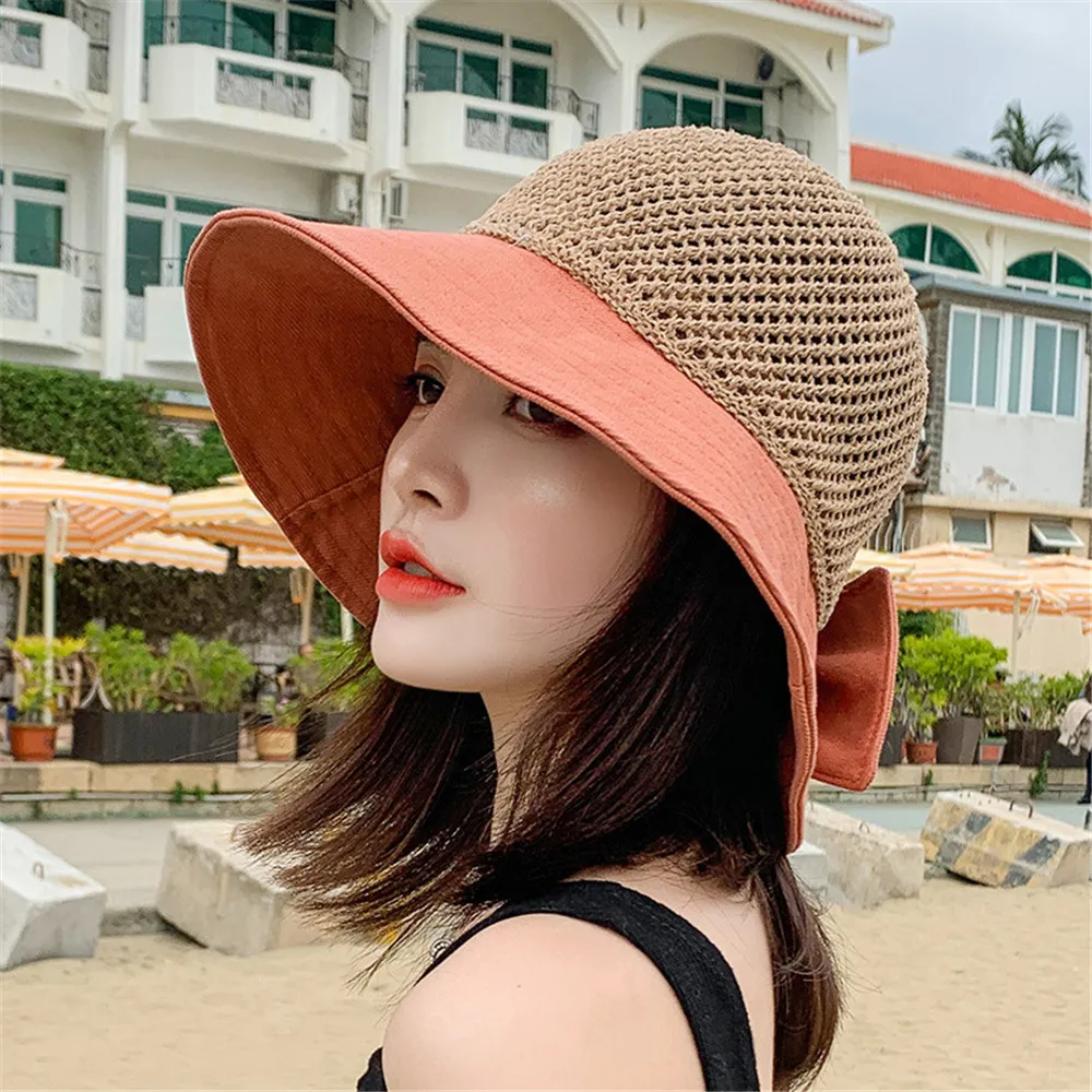 Women Summer Straw Sun Hat Bowknot Wide Brim Floppy Panama Bucket Hats Outdoor Foldable Beach UV Protection Visor Fisherman Cap