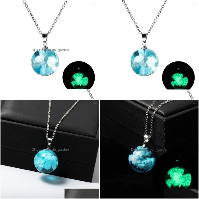 pendant necklaces blue sky white cloud luminous necklace transparent round glass ball chain chokers for women jewelry gift