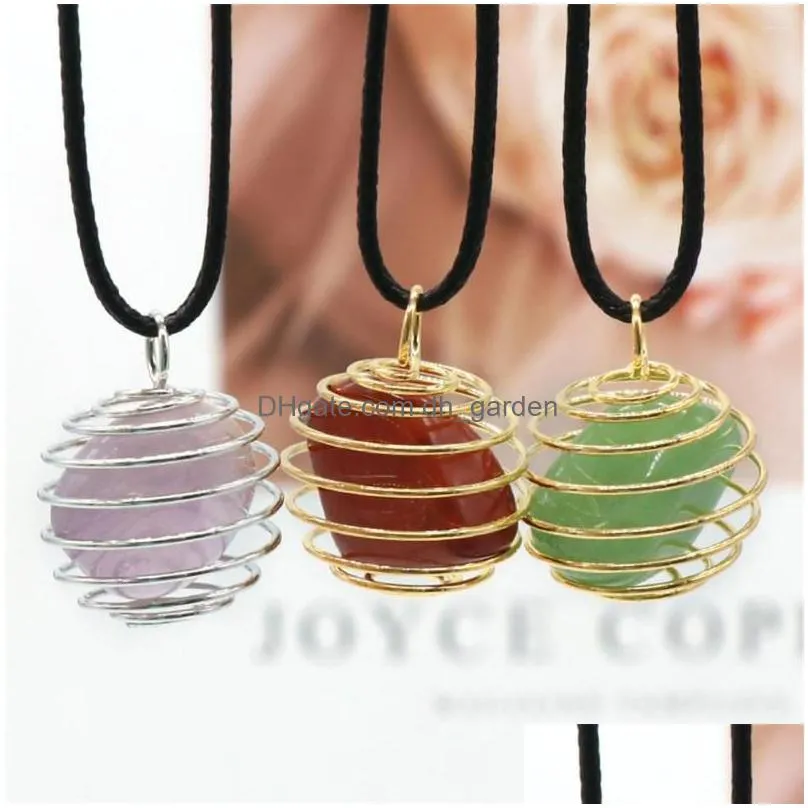 pendant necklaces sell 6pcs/lot natural crystal agate semiprecious copper wire winding spring couples lucky gift jewelry necklace