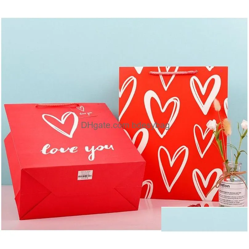 valentine love gift bag red heart printed shopping gift packaging bag white kraft paper small large present wrapping bags