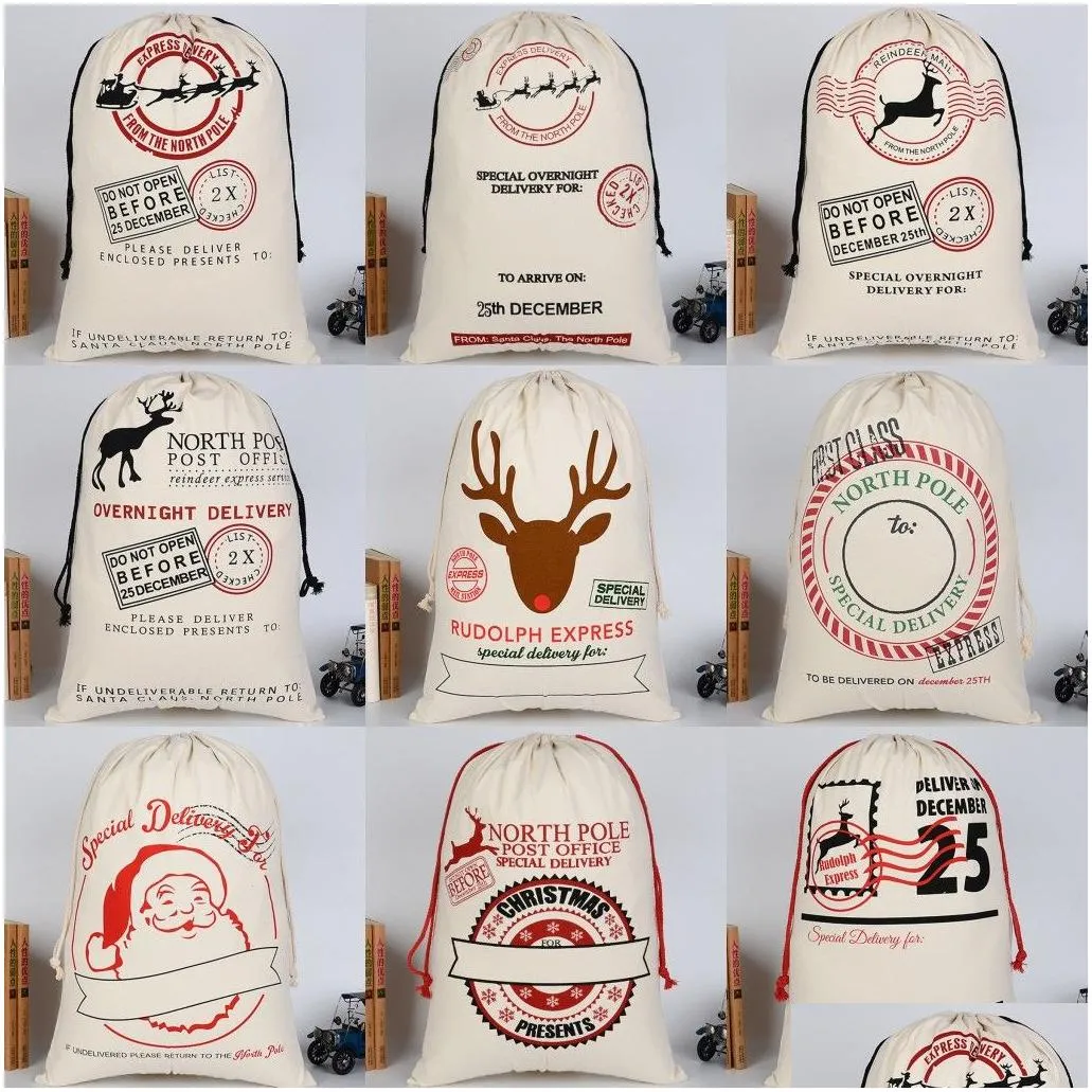 dhs 12 styles christmas gift bag pure cotton canvas drawstring sack bags with xmas santa design fy4909