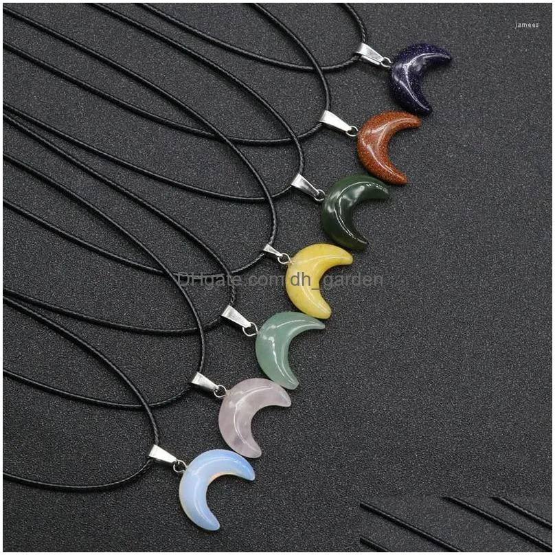 pendant necklaces small moon stone crescent choker collar reiki healing natural pink quartz black obsidian chakra crystal female