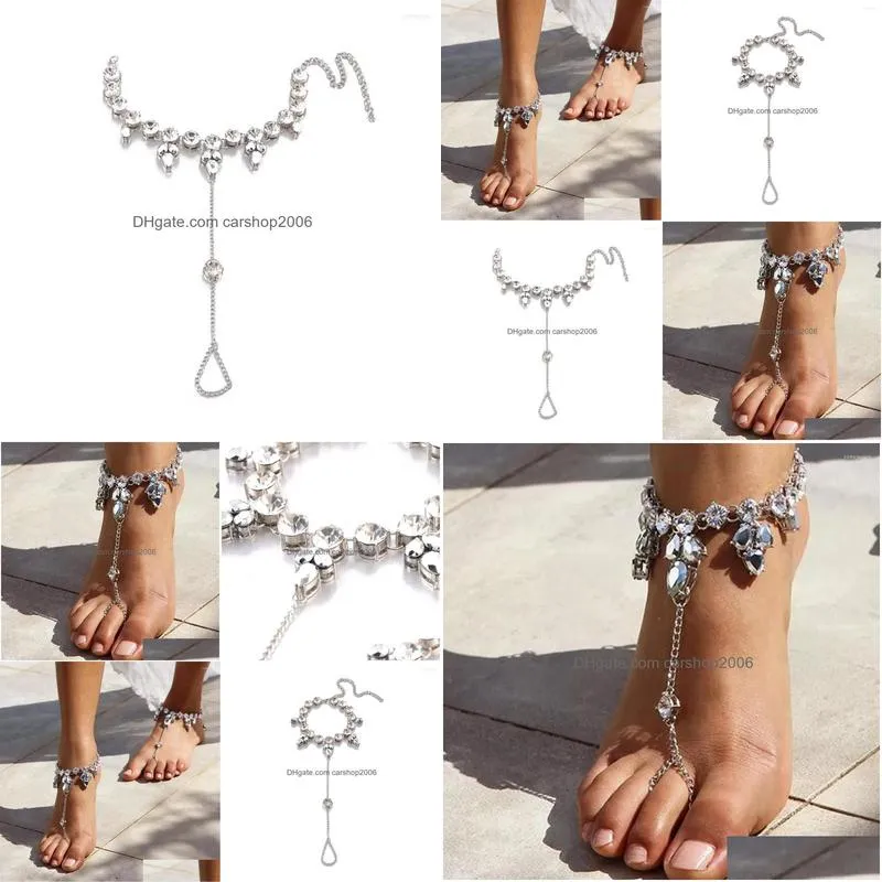 anklets glaming bohemia barefoot sandal anklet rhinestone with toe ring for women crystal foot ankle chain bridal leg jewellry