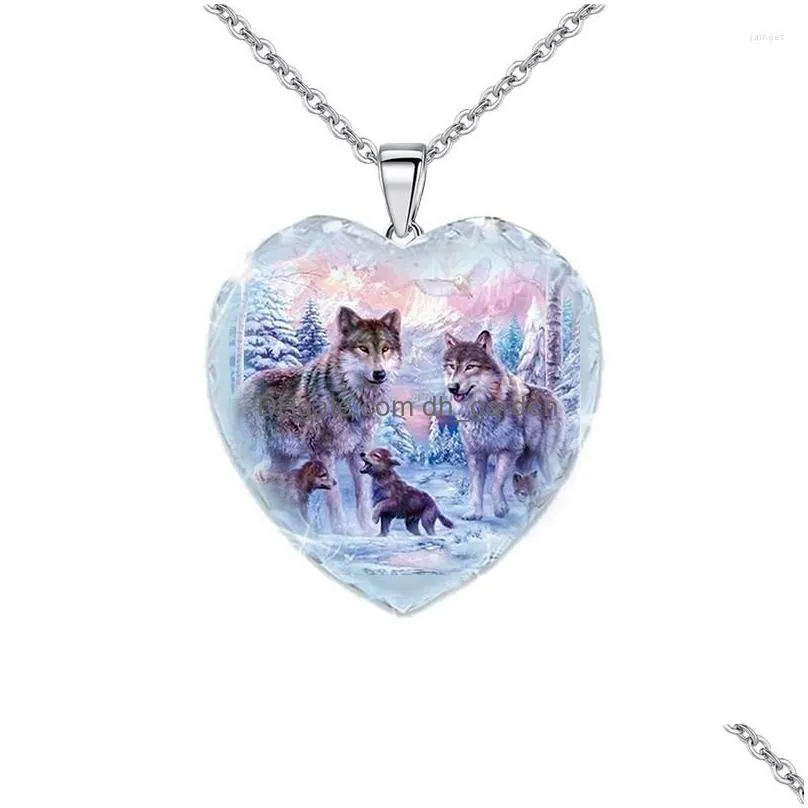 pendant necklaces heartshaped crystal glass snow wolf king family necklace womens religious amulet accessories party jewelry girl