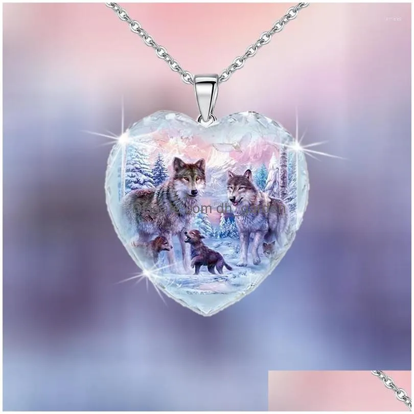 pendant necklaces heartshaped crystal glass snow wolf king family necklace womens religious amulet accessories party jewelry girl