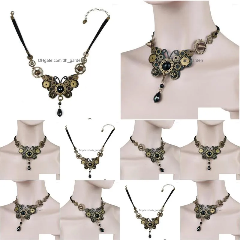 choker vintage punk style small bronze gears covered butterfly steampunk necklace