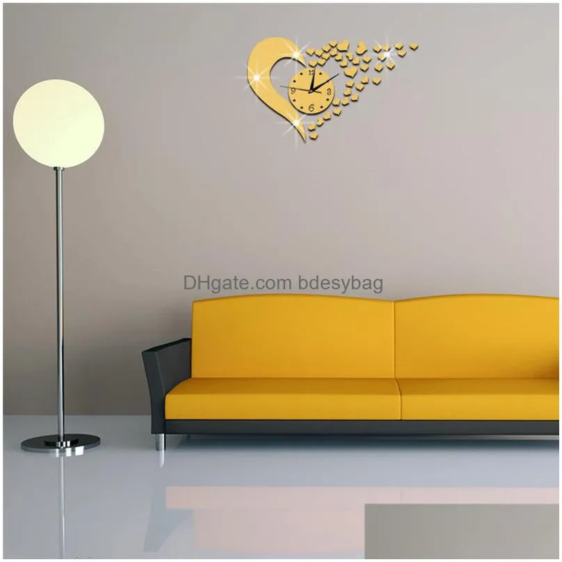 acrylic mirror clock love shaped digital diy wall clock 3d mirror sticker home office decor opp bag