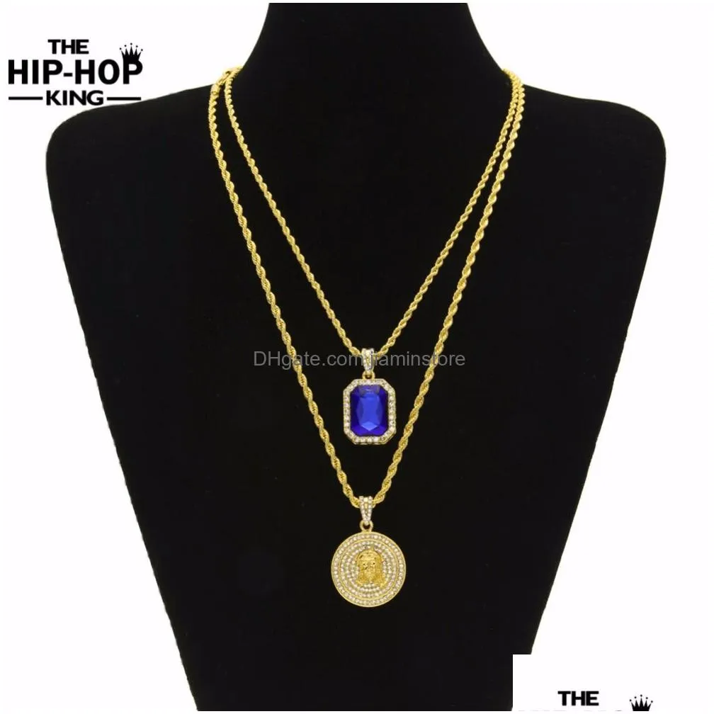 wholesalemicro ruby red jesus face pendant chain necklace set for men high quality zinc alloy iced out hip hop jewelry arrival