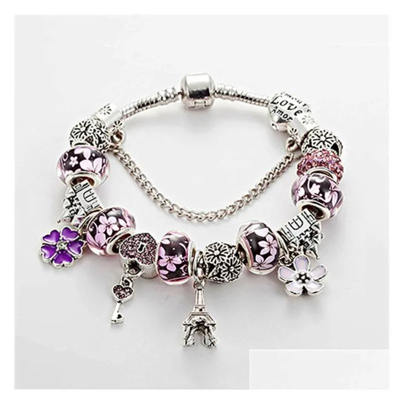  charm tower pendant bracelet for  platinum diy beaded lady elegant bracelet with original box holiday gift