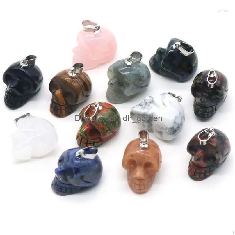 pendant necklaces 20pcs natural stone skeleton skull carved agates quartz crystal charms jewelry making diy necklace hallowmas gift