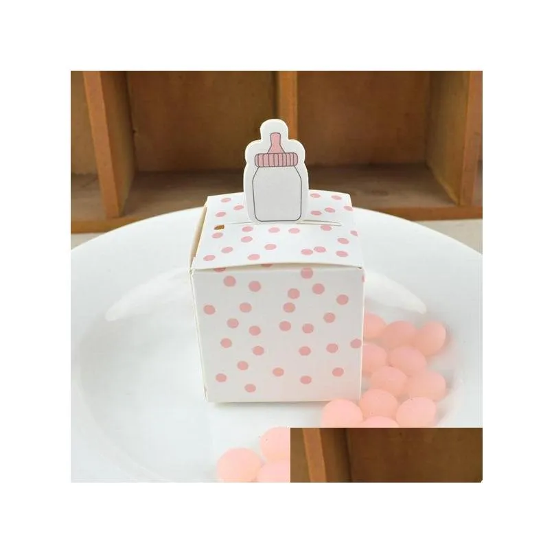50pcs baby bottle shape gift box pink and blue dots cartoon baby shower birthday favor candy boxes celebration party paper box