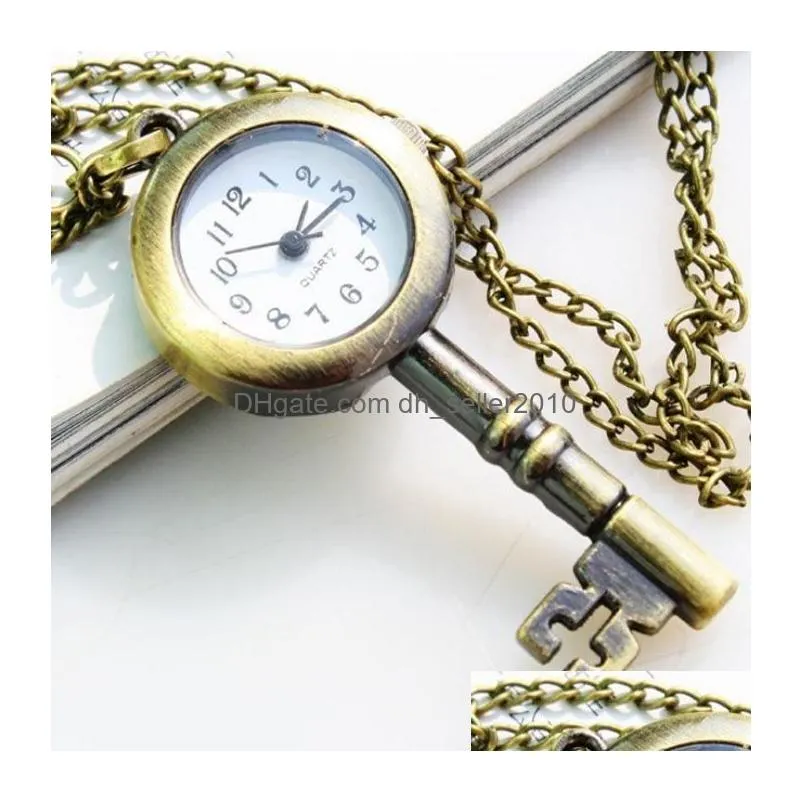wholesale2015 bronze lovely vintage key design quartz women necklace gift pocket watch 