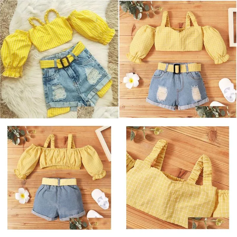 clothing sets 1 5 years fashion children girls clothes summer off shoulder plaid strap crop tops belt denim ripped hole shorts outfits