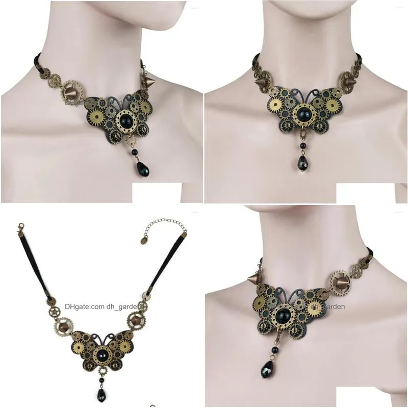 choker vintage punk style small bronze gears covered butterfly steampunk necklace