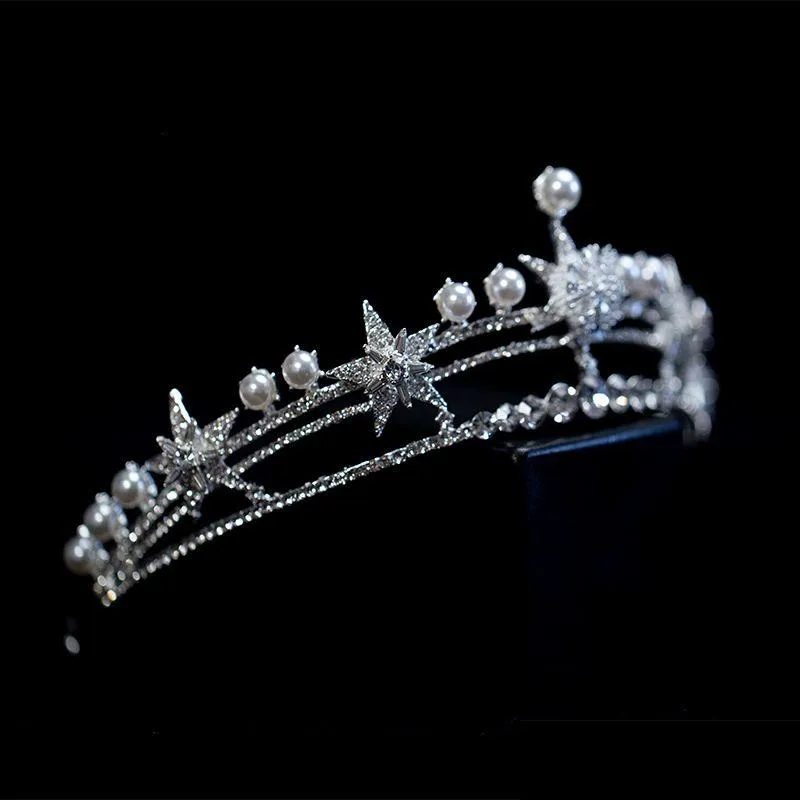bride headwear pearl star bride crown alloy double layer rhinestone princess hair ornament crown wedding dress accessories in stock
