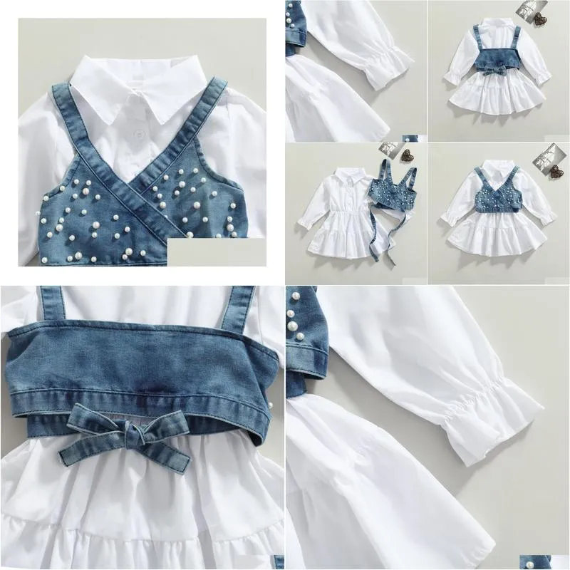clothing sets fashion children baby girl clothes solid color long sleeve shirt dress denim beading vest 2pcs outfits 230523