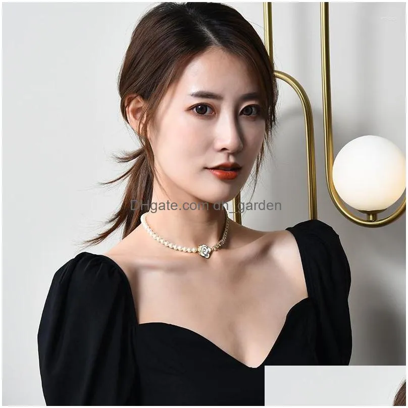 choker fashion double rhinestone pearl stitching ladies necklace camellia clavicle chain womens flower neck strap