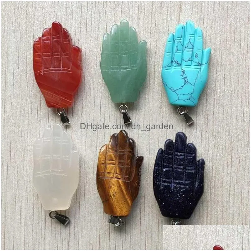 pendant necklaces fashion good quality mixed natural stone carved palm shape charm pendants for jewelry making 6pcs/lot wholesale