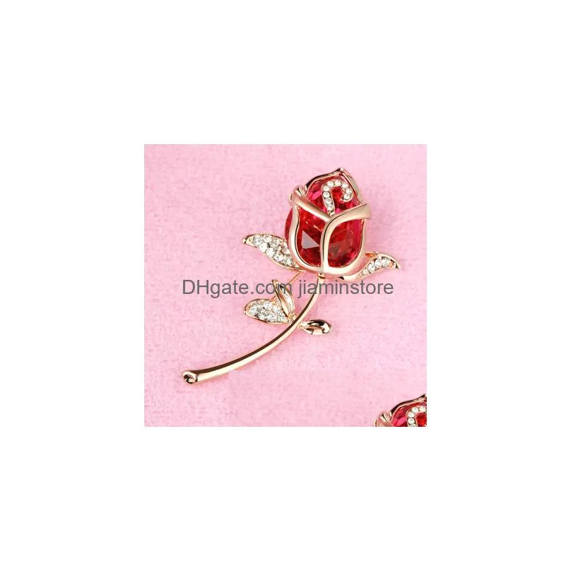 wholesale fashion crystal rose flower brooch pin rhinestone alloy rose gold brooches birthday gift garment accessories 367826