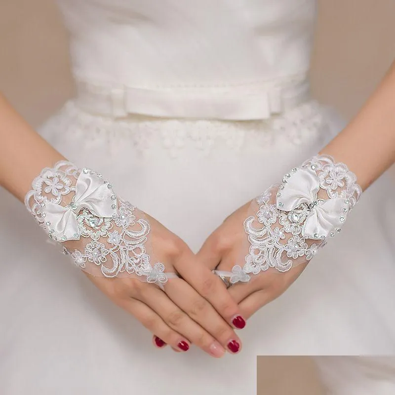 st0029a wedding glove etiquette white short glove bow knot with diamond lace open finger fingerless beautiful wedding dress