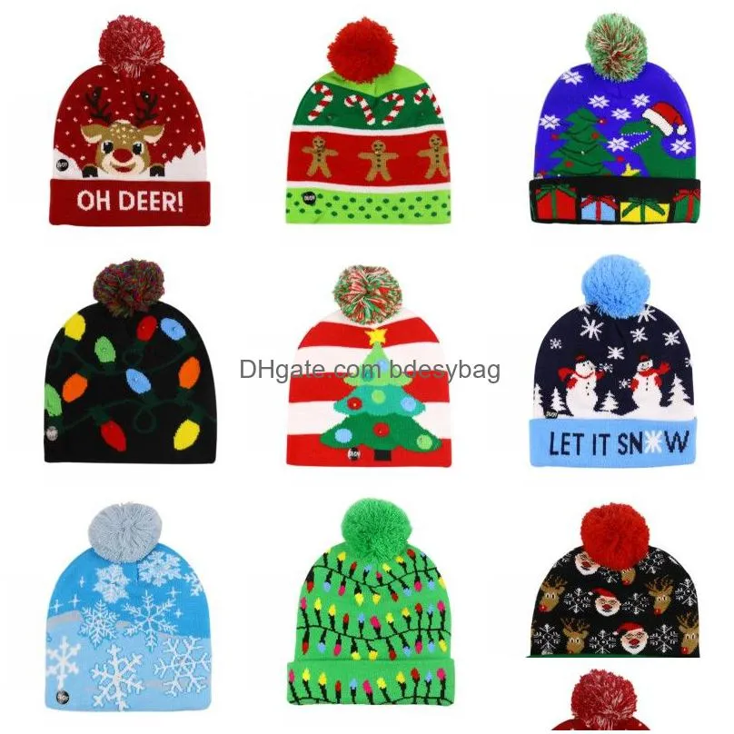 led light knitted christmas hat unisex adults kids year xmas luminous hat merry christmas party light beanie sweater hats