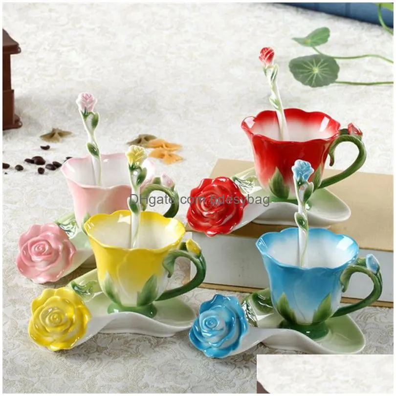 ceramic enamel coffee mug dish set creative rose peacock coffee cup with saucer and spoon set birthday festival gift