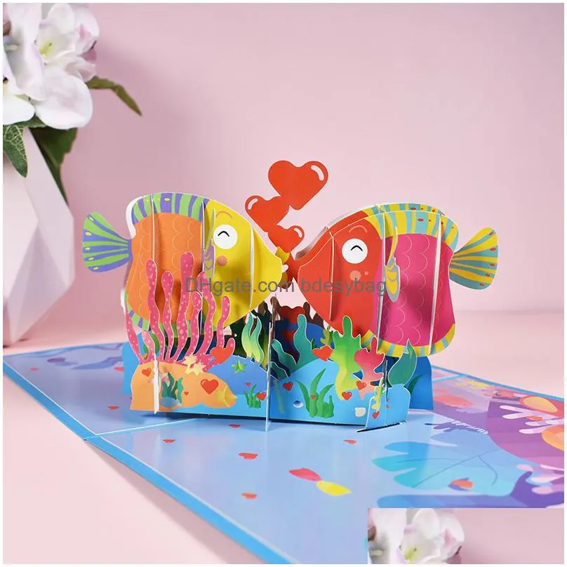 3d valentine greeting card  up kissed fish shaped valentine greeting card with envelope valentine festival supplies