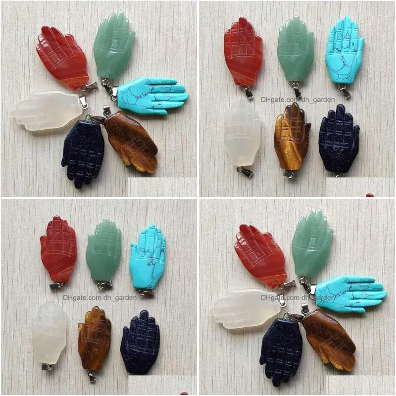 pendant necklaces fashion good quality mixed natural stone carved palm shape charm pendants for jewelry making 6pcs/lot wholesale