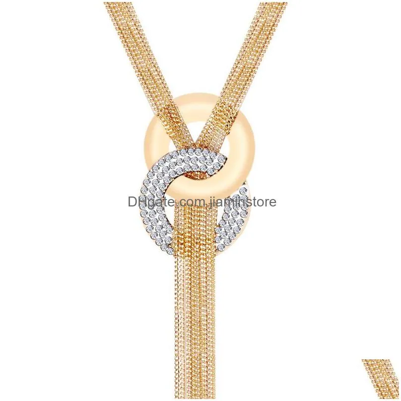 fashion women gold silver choker chunky crystal statement bib tassel chain sweater necklace pendant jewelry 68cm