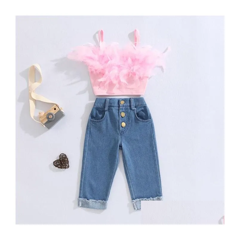 clothing sets girls summer outfit fashion kid children pink sleeveless feather camisole denim pants with pockets 230523
