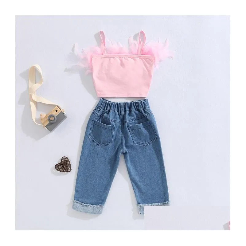 clothing sets girls summer outfit fashion kid children pink sleeveless feather camisole denim pants with pockets 230523