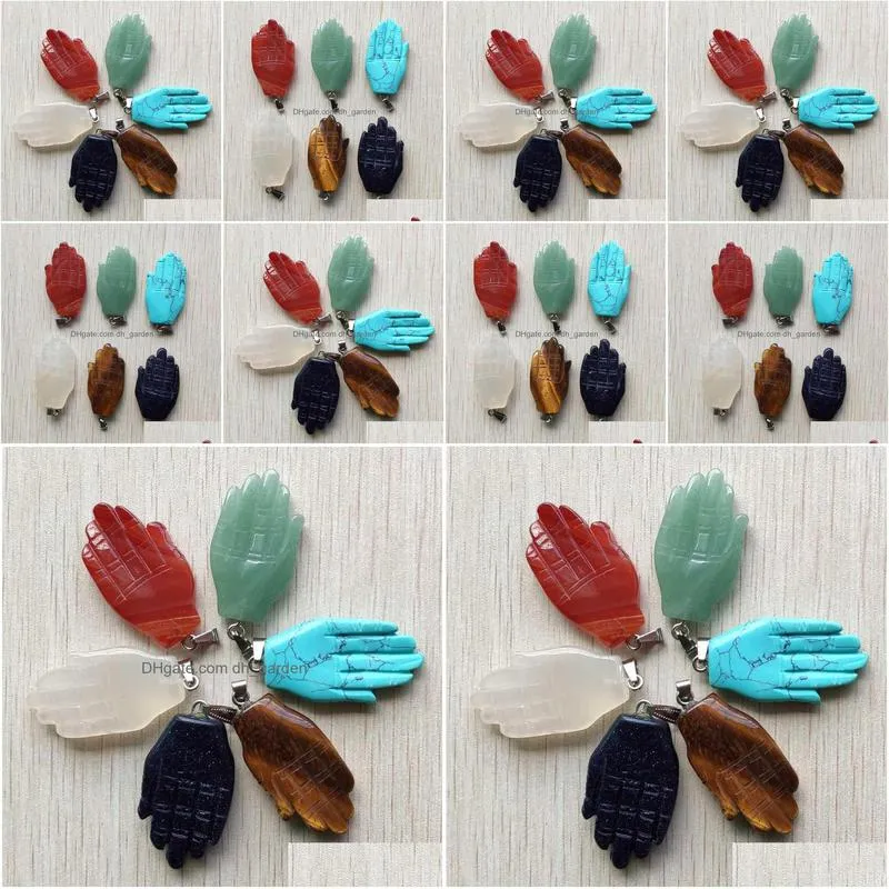 pendant necklaces fashion good quality mixed natural stone carved palm shape charm pendants for jewelry making 6pcs/lot wholesale