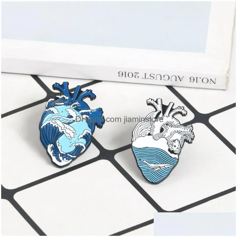 blue ocean heart pins jewelry roaring wave whale enamel lapel pin brooches creative sea organ denim shirt bag badge broadminded