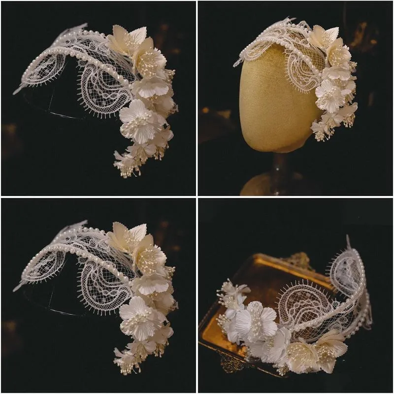 fg0113a lace threedimensional butterfly handmade flower hair band with white double layer pearl bridal dress headwear