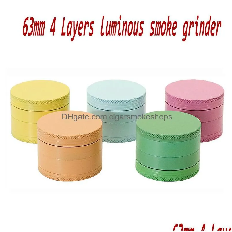 63mm 4 layers heerb grinder luminous smoke grinder with bag box dry herbs tobacco grinders metal zinc alloy broken grinding machine tobacco
