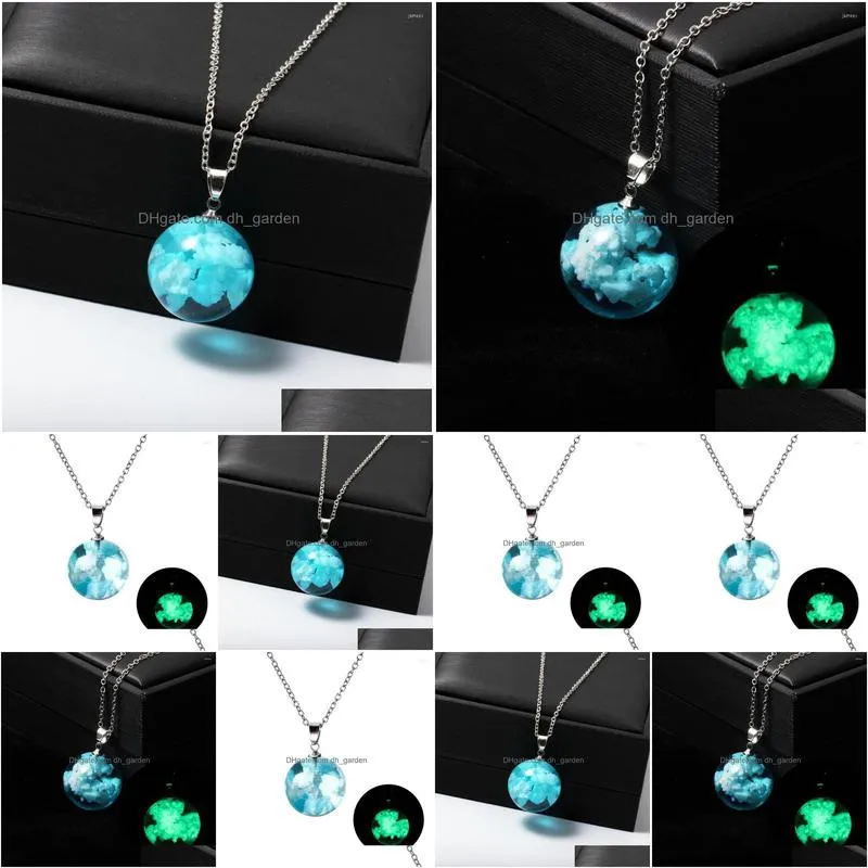 pendant necklaces blue sky white cloud luminous necklace transparent round glass ball chain chokers for women jewelry gift