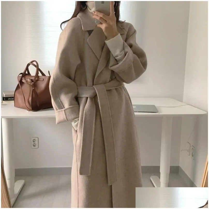 women elegant long wool coat with belt solid color sleeve chic outerwear autumn winter ladies overcoat