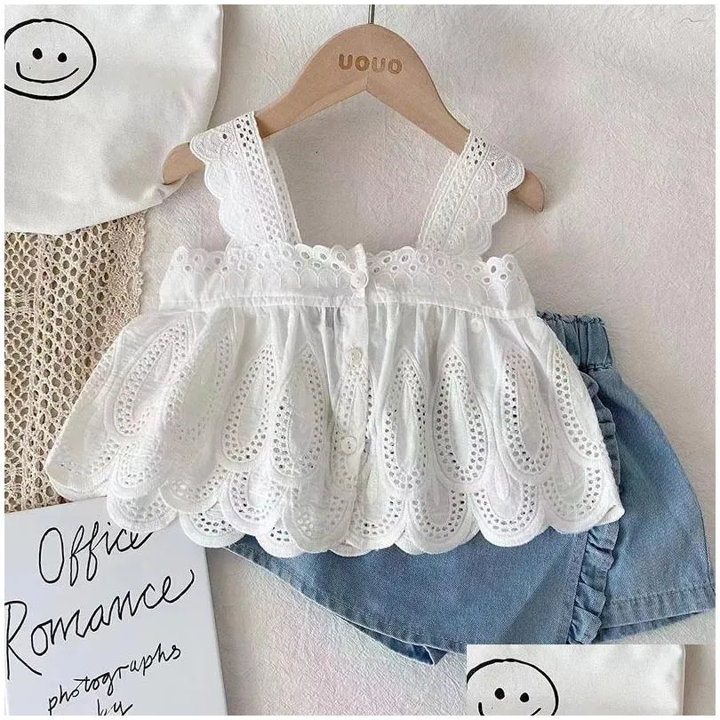 clothing sets girls outfit summer kids clothes lace edge pure white baby girl casual suspender denim skirt childrens 230523